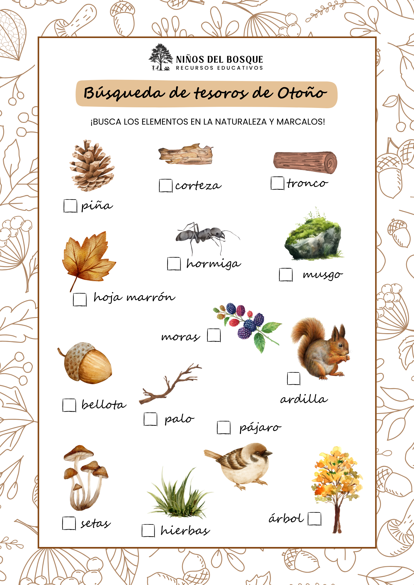 lámina educativa de búsqueda de tesoros de otoño con elementos de la naturaleza para encontrar durante un paseo con niños