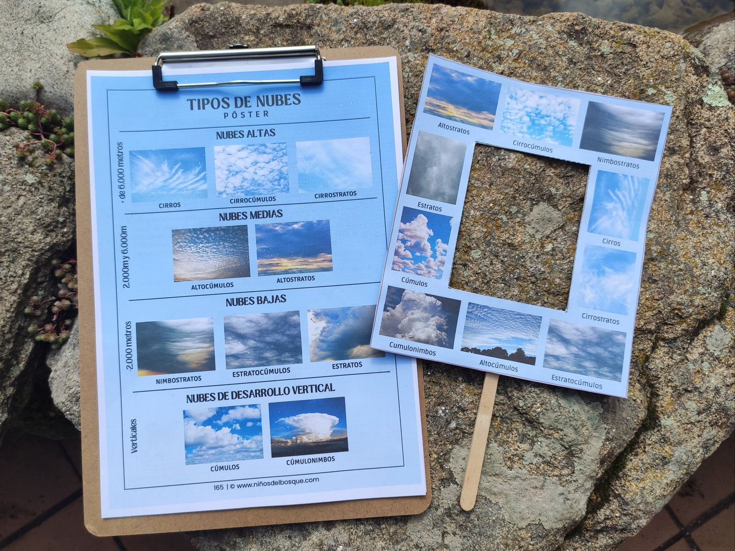 Ficha educativa sobre tipos de nubes para niños con un marco de observación del cielo, parte de una actividad de naturaleza para aprender a identificar nubes