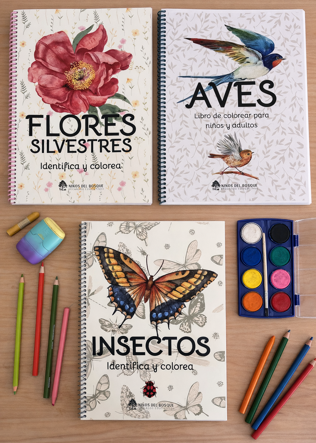 Colección para colorear: Aves, Flores silvestres e Insectos