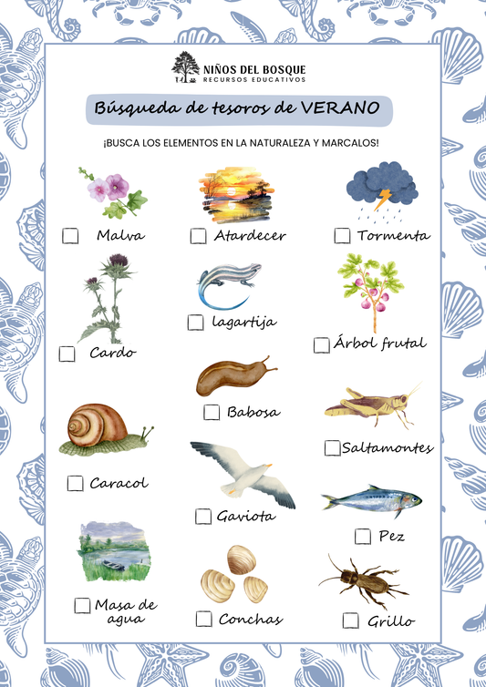 Actividad educativa de búsqueda de tesoros de verano para niños con ilustraciones de elementos de la naturaleza como flores, lagartija, caracol, gaviota, pez, conchas y árboles frutales.