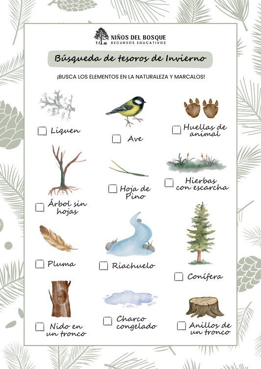 Actividad infantil de búsqueda del tesoro de invierno con ilustraciones de elementos de la naturaleza como ave, pluma, árbol sin hojas, huellas de animal y riachuelo para marcar.