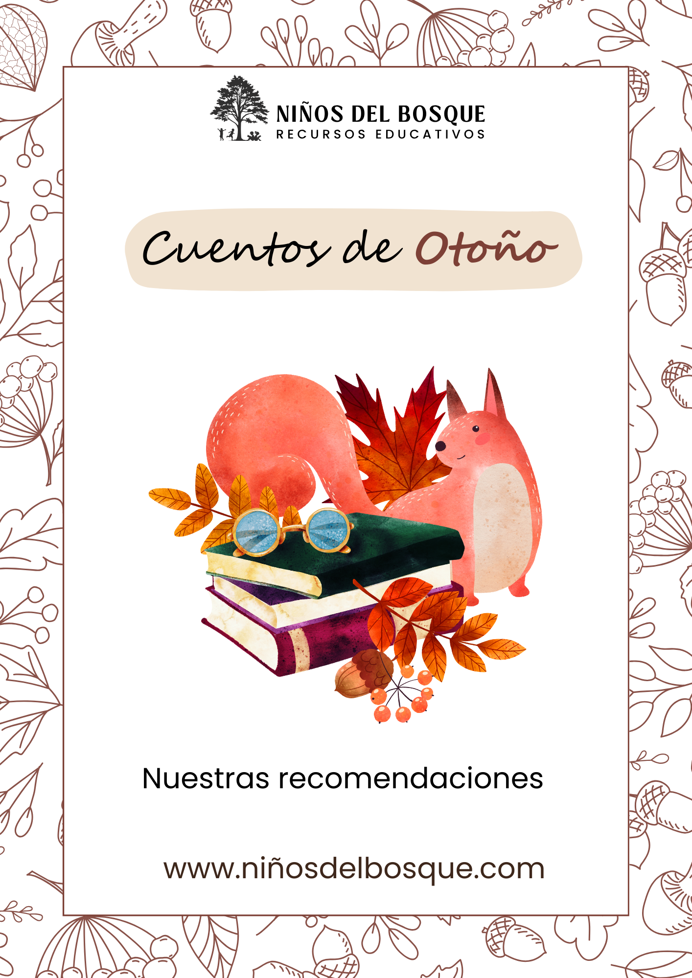 Portada de guía de cuentos de otoño para niños con ilustración de libros, hojas otoñales y un zorro, recomendando lecturas de naturaleza.