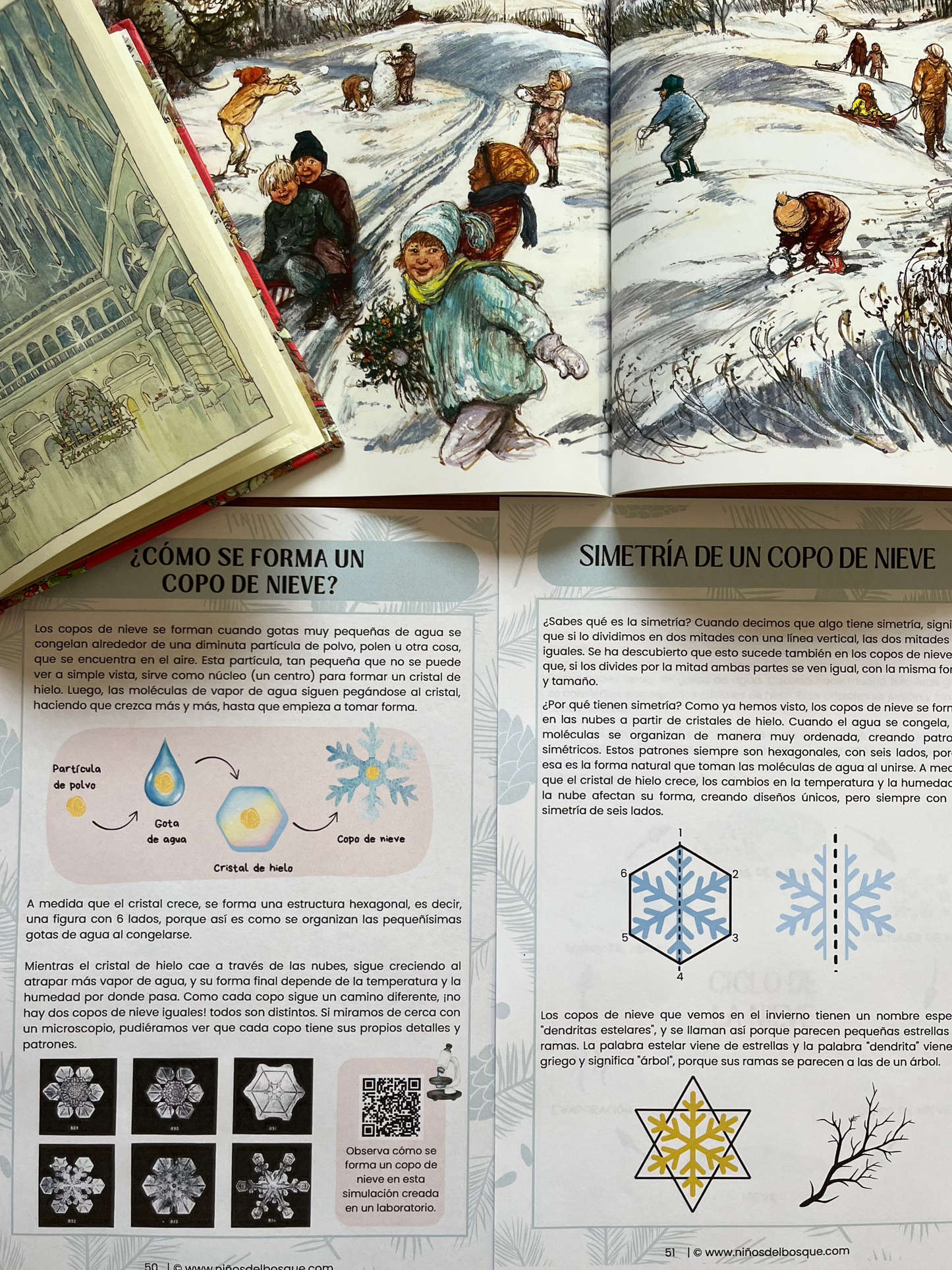 Páginas de una guía educativa de invierno para niños sobre la formación y simetría de los copos de nieve, junto a un libro ilustrado con escenas de niños jugando en la nieve.