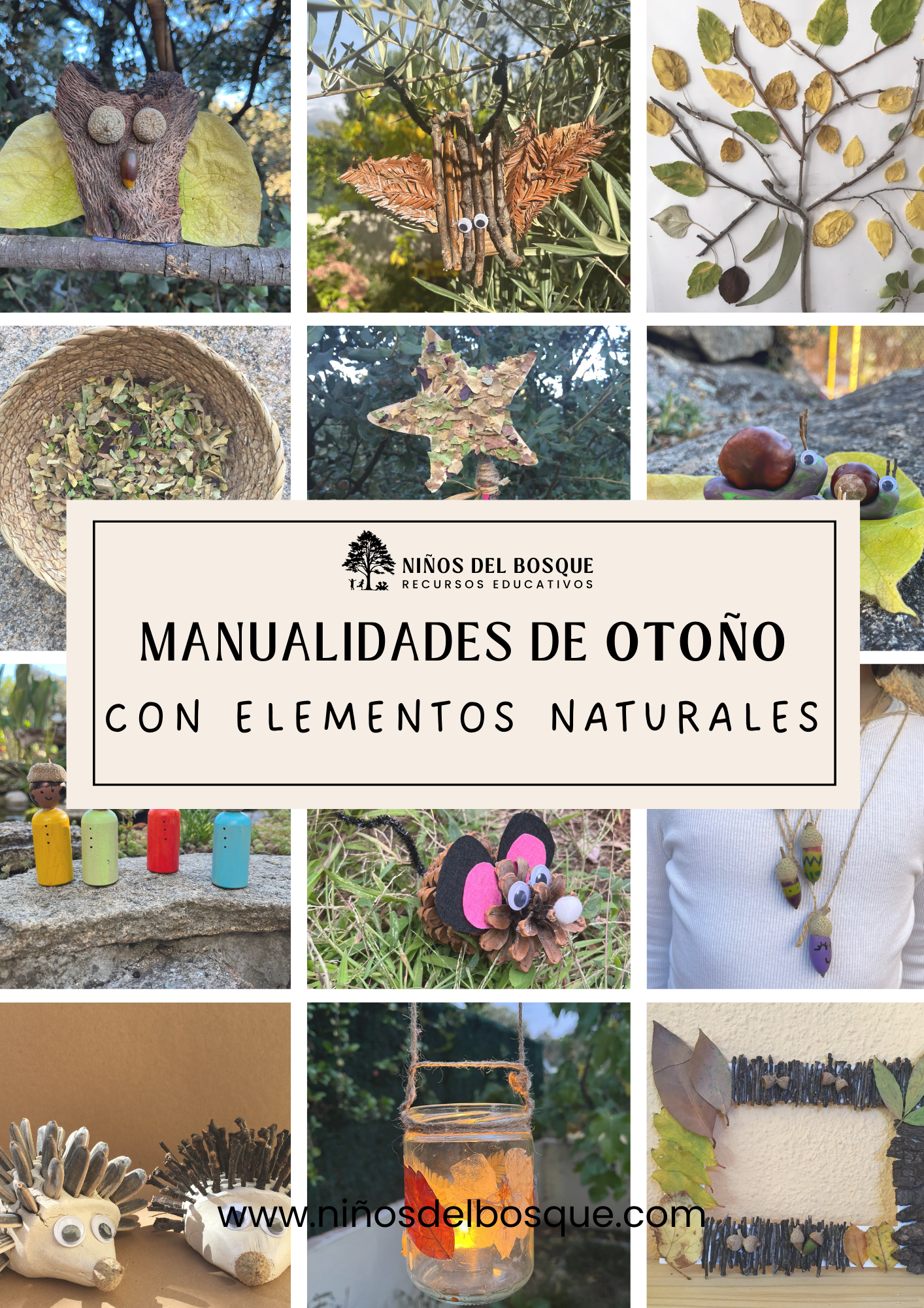 Portada con collage de manualidades de otoño para niños hechas con hojas, piñas, castañas y otros elementos naturales del bosque.